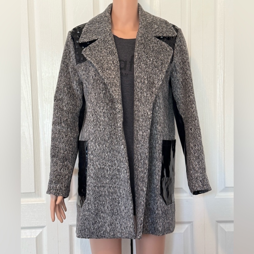 English Rose Studded Moto Gray Black Faux Leather Coat M/L Edgy - Picture 2 of 9